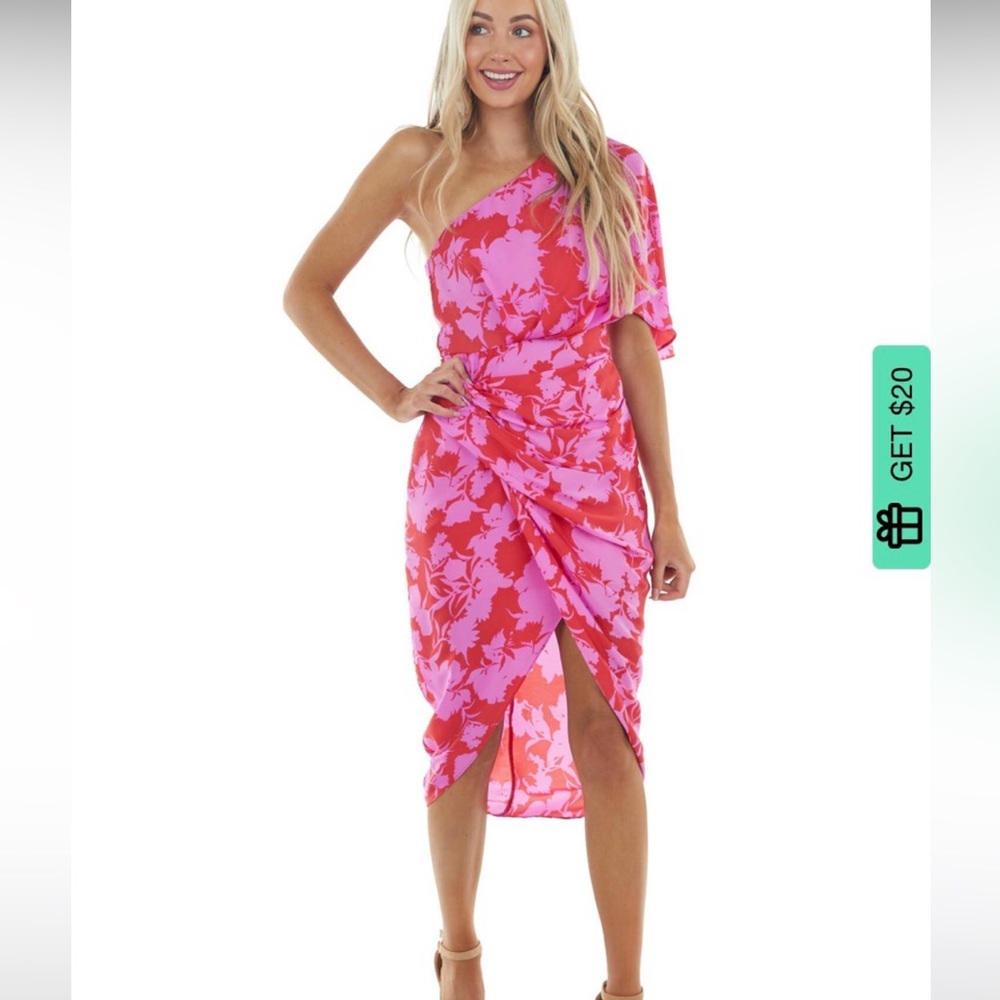 LimeLush pink floral one-shoulder dress